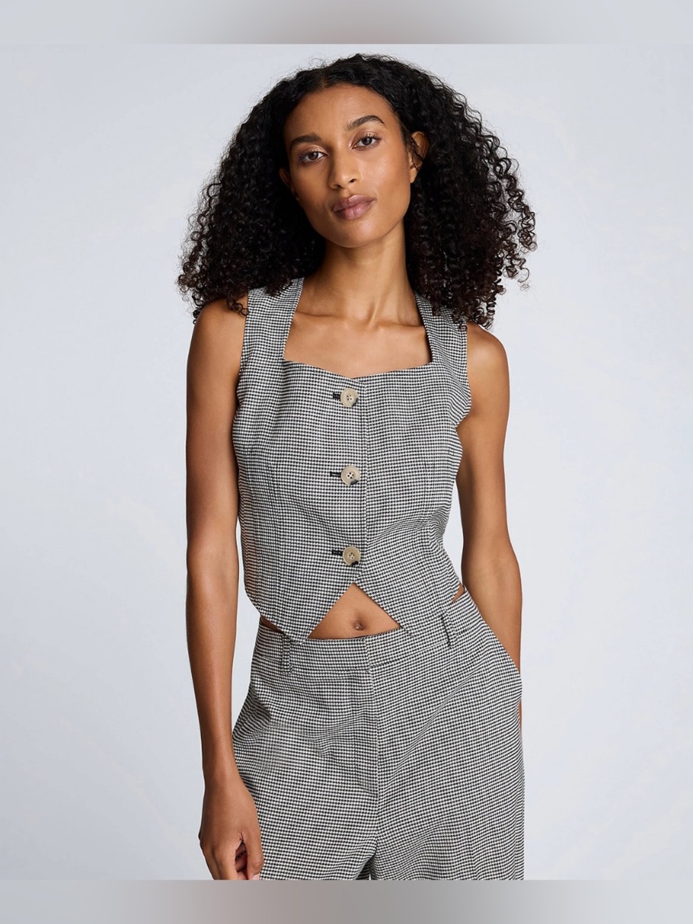 Kenneth Cole Black & White Gingham Buttoned Crop Vest